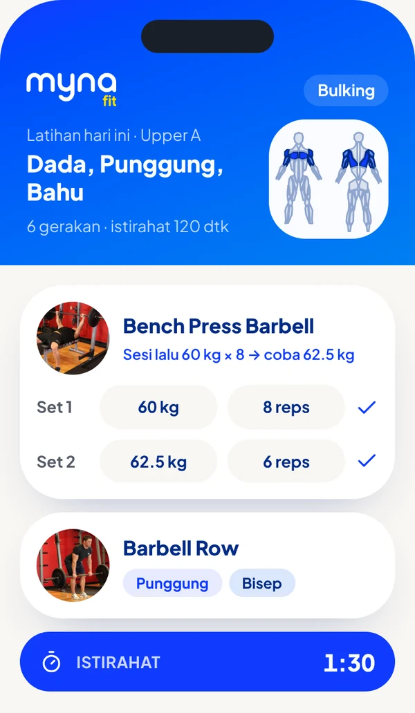 Layar Myna Fit: latihan hari ini, Bench Press Barbell set 1 dan 2 dengan beban dan repetisi, lalu timer istirahat